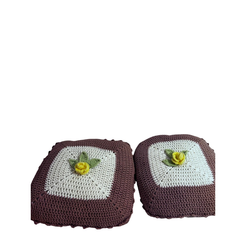 Crochet Throw Pillows 14x14 Brown Cream Yellow Rose Floral Set of 2